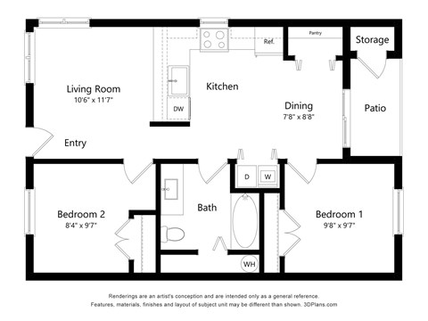 Floor plan for 2 beds, 1 bath, 806 sqft
